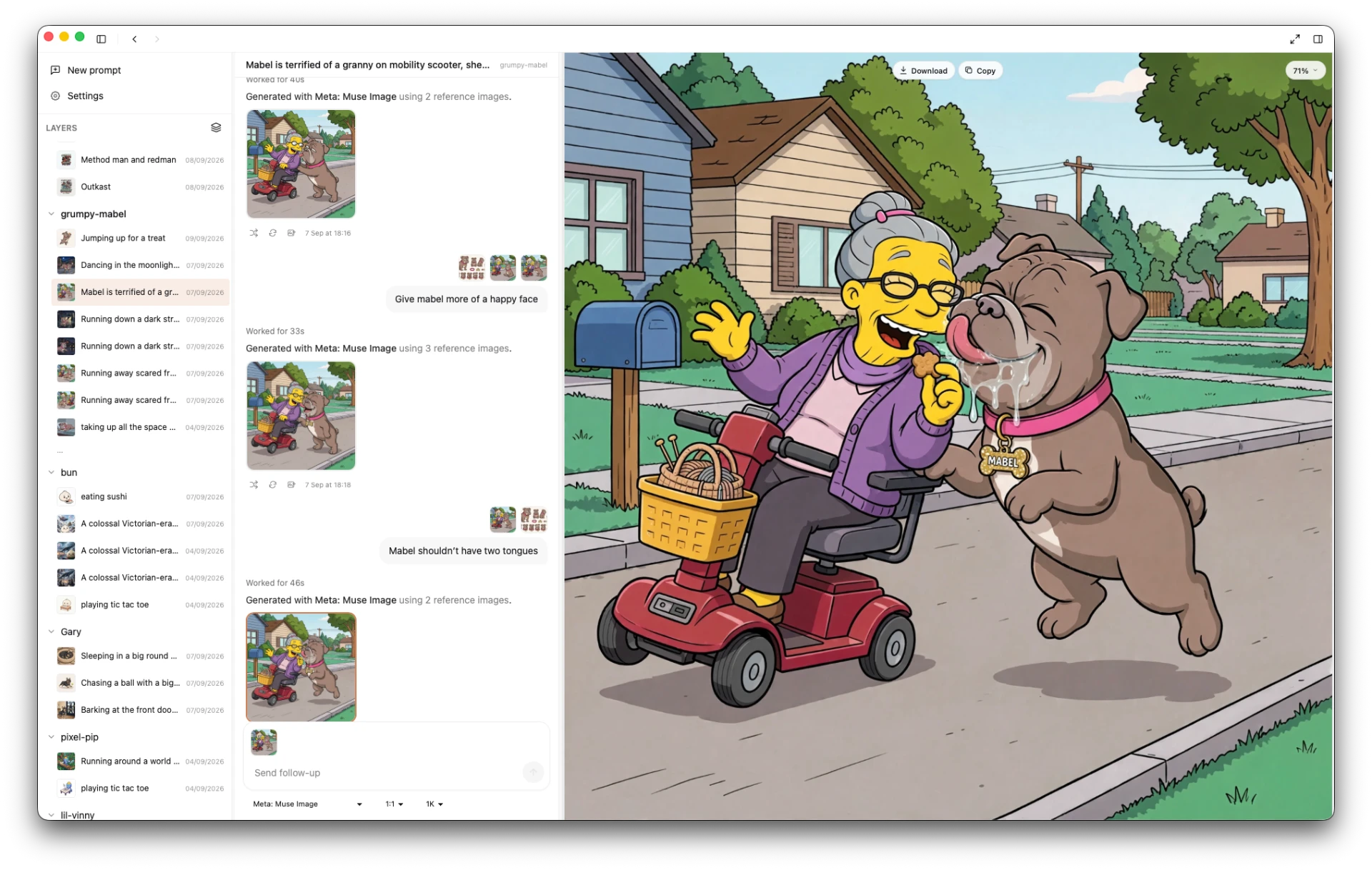 Mabel meeting a granny on a mobility scooter