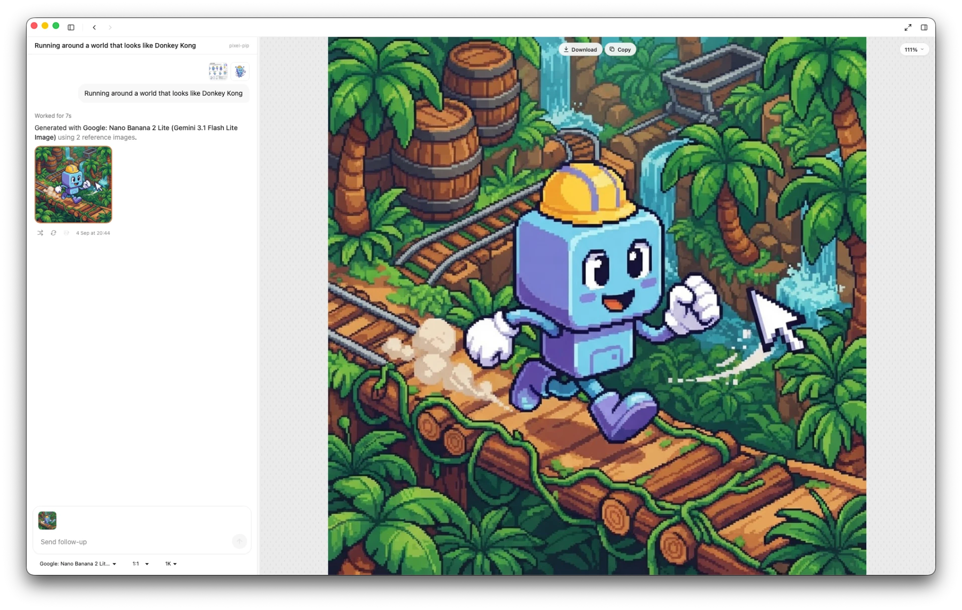 Pixel-art robot in a hard hat running a jungle minecart track