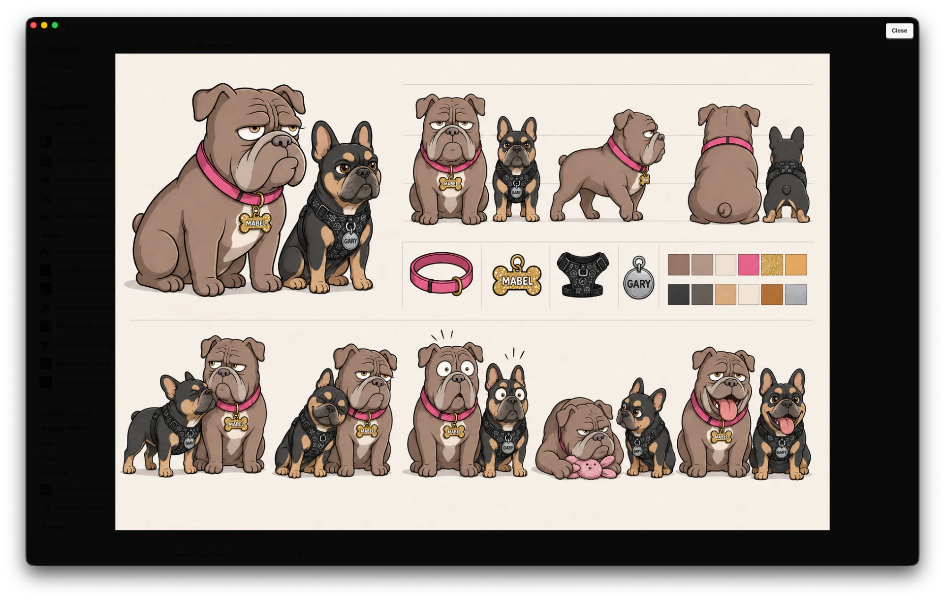 Gary and Mabel character sheet with poses, expressions, and color references