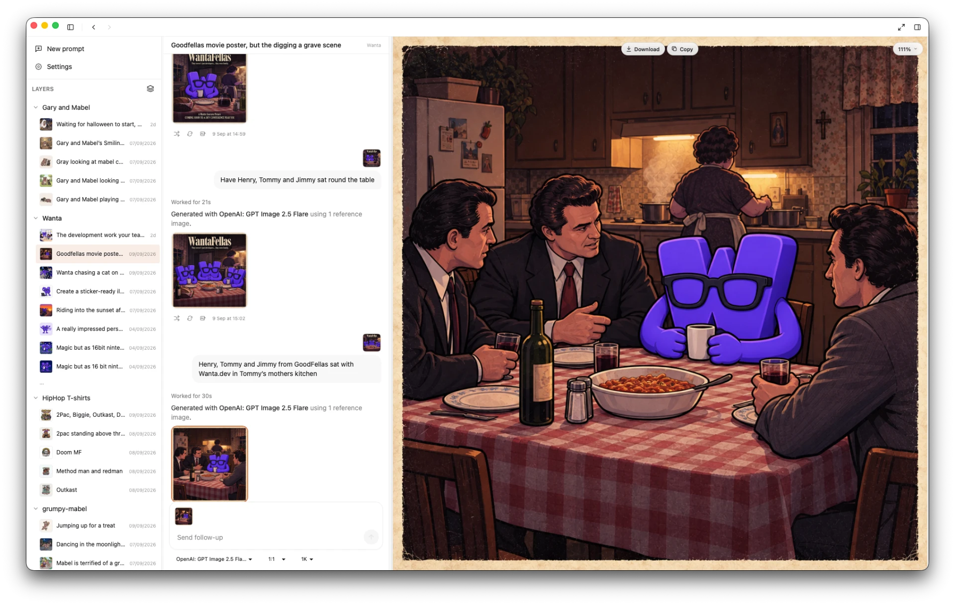 Steer generating the purple Wanta mascot sat at the dinner table with Henry, Tommy and Jimmy