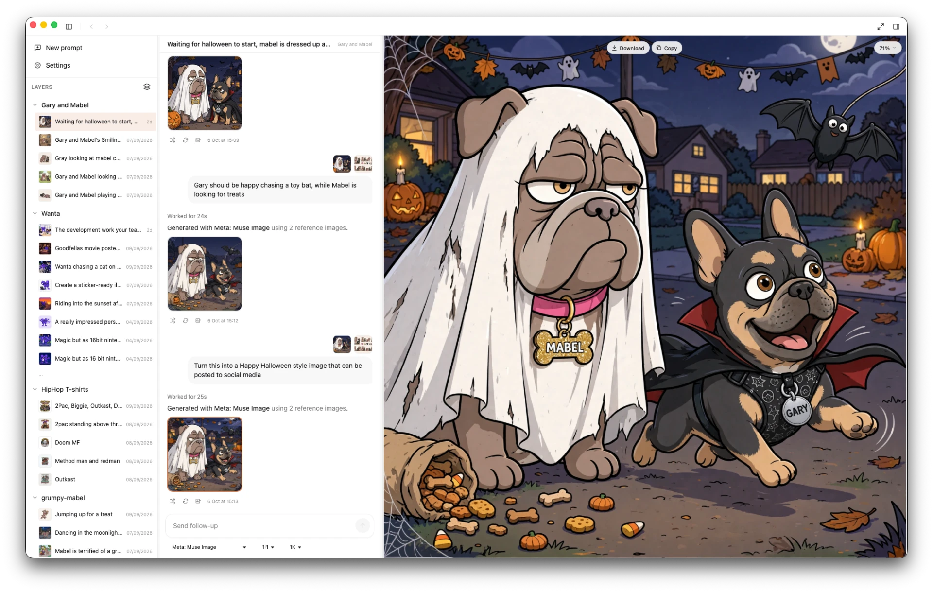 Steer generating Gary in a vampire cape and Mabel in a ghost sheet for Halloween