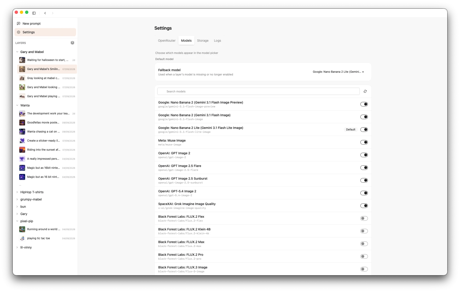 Steer settings listing the image models you can run