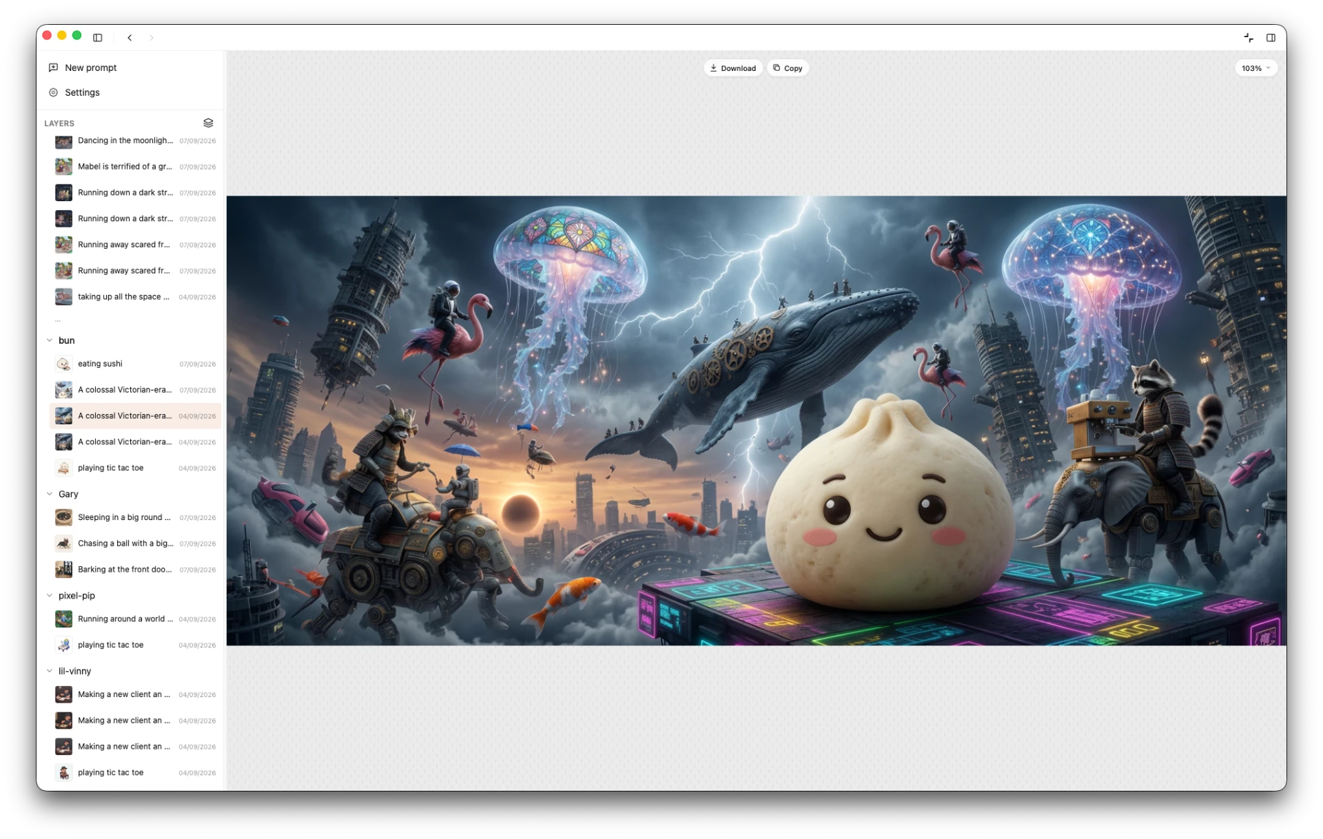 A steamed bun mascot floating among mechanical whales and jellyfish