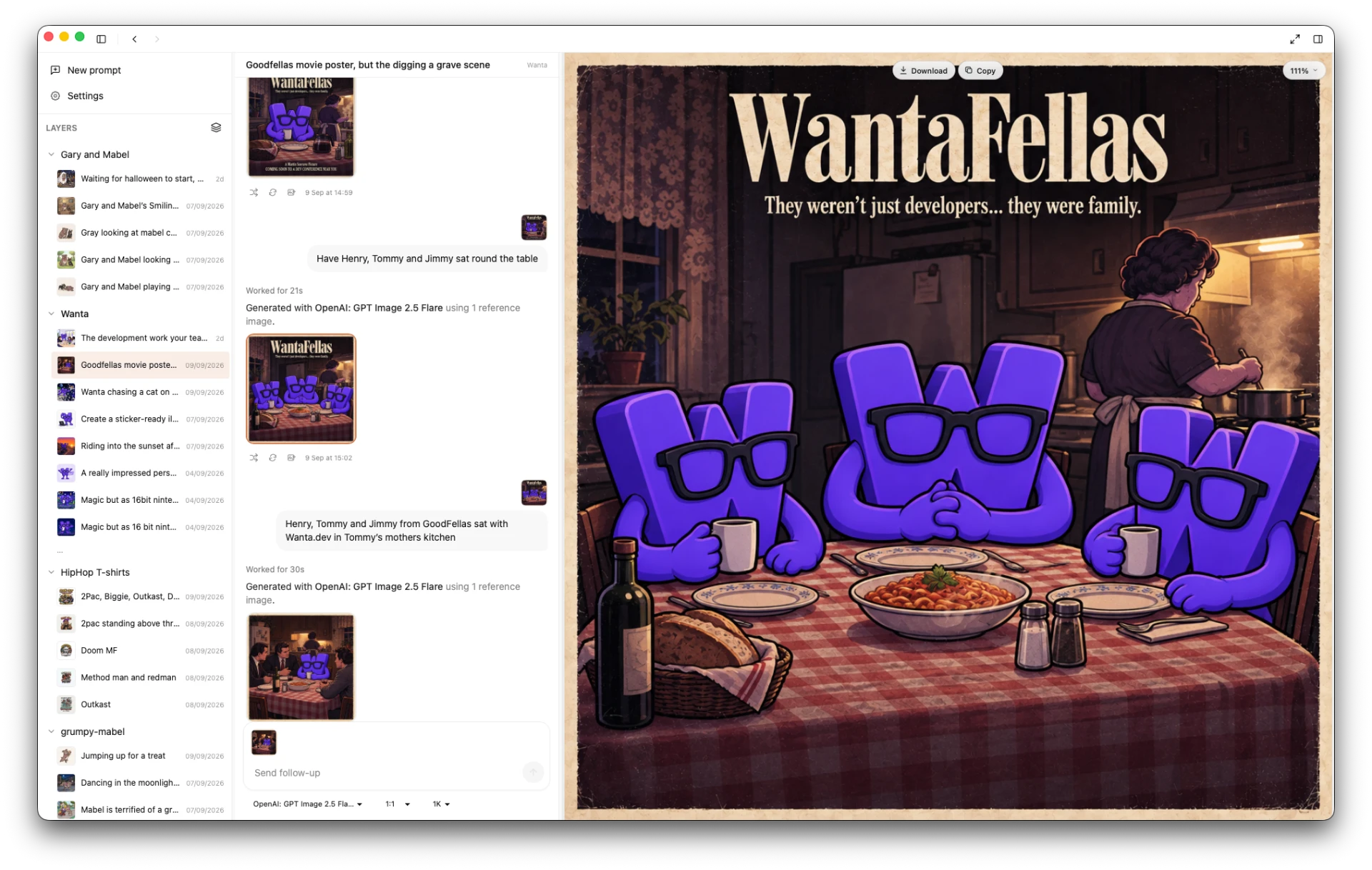 WantaFellas movie poster with three Wanta mascots at the dinner table